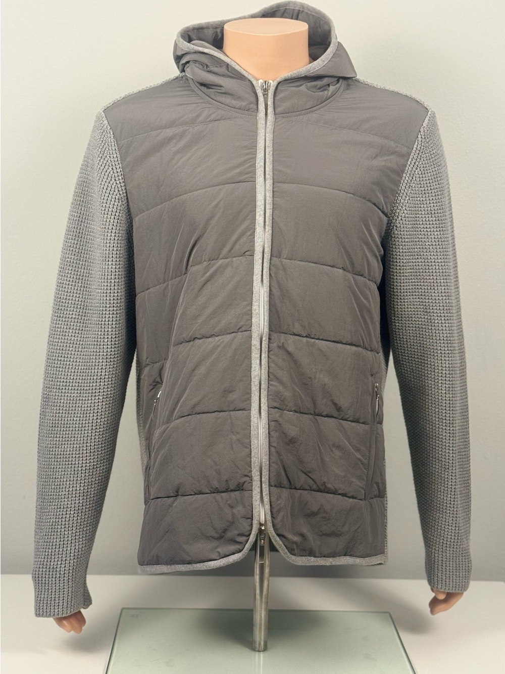 Quilted Hooded Knit-Sleeve Jacket - Gray